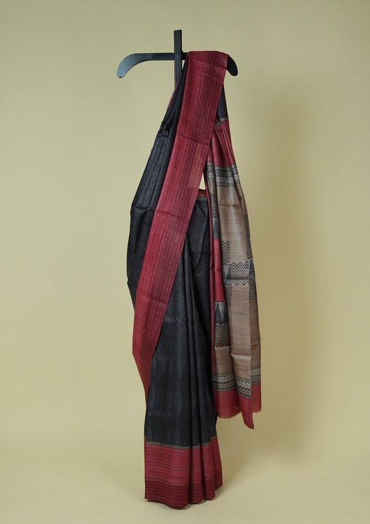 Handwoven Printed Black Tussar Silk Saree