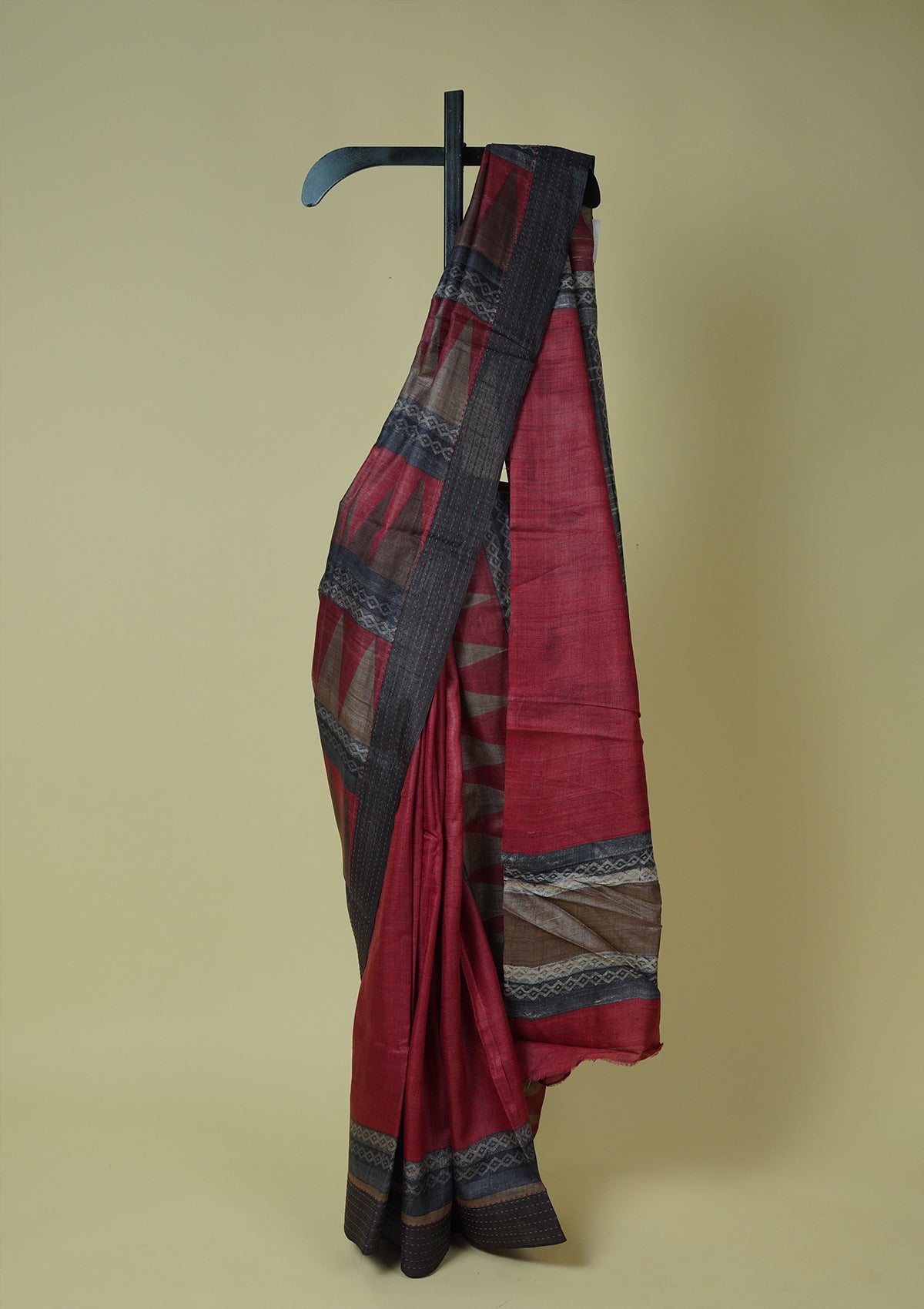 Handwoven Printed Red Tussar Silk Saree