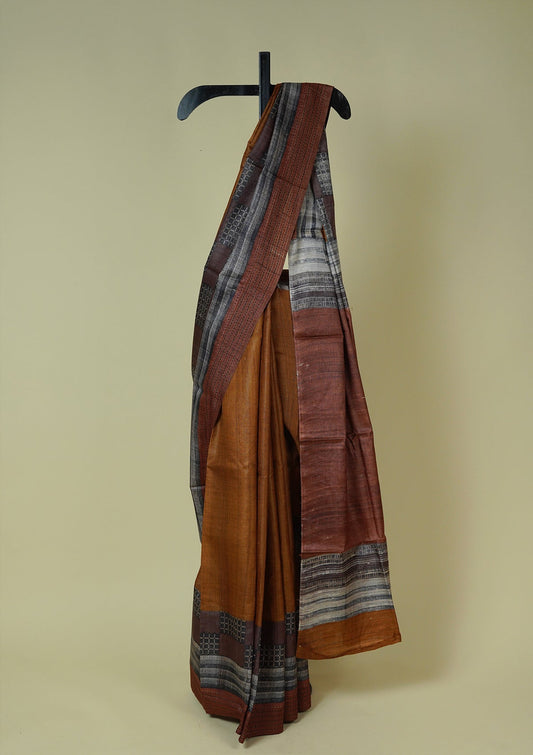 Handwoven Printed Mustard Tussar Silk Saree