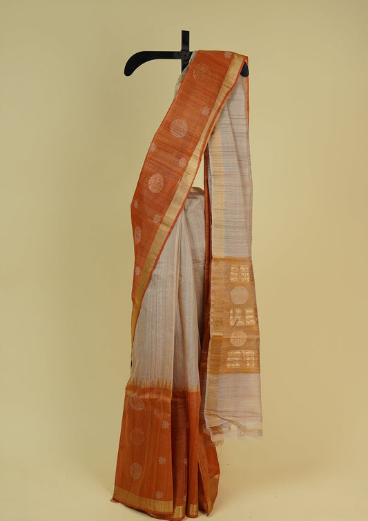 Handwoven Beige &amp; Orange Tussar Silk Saree
