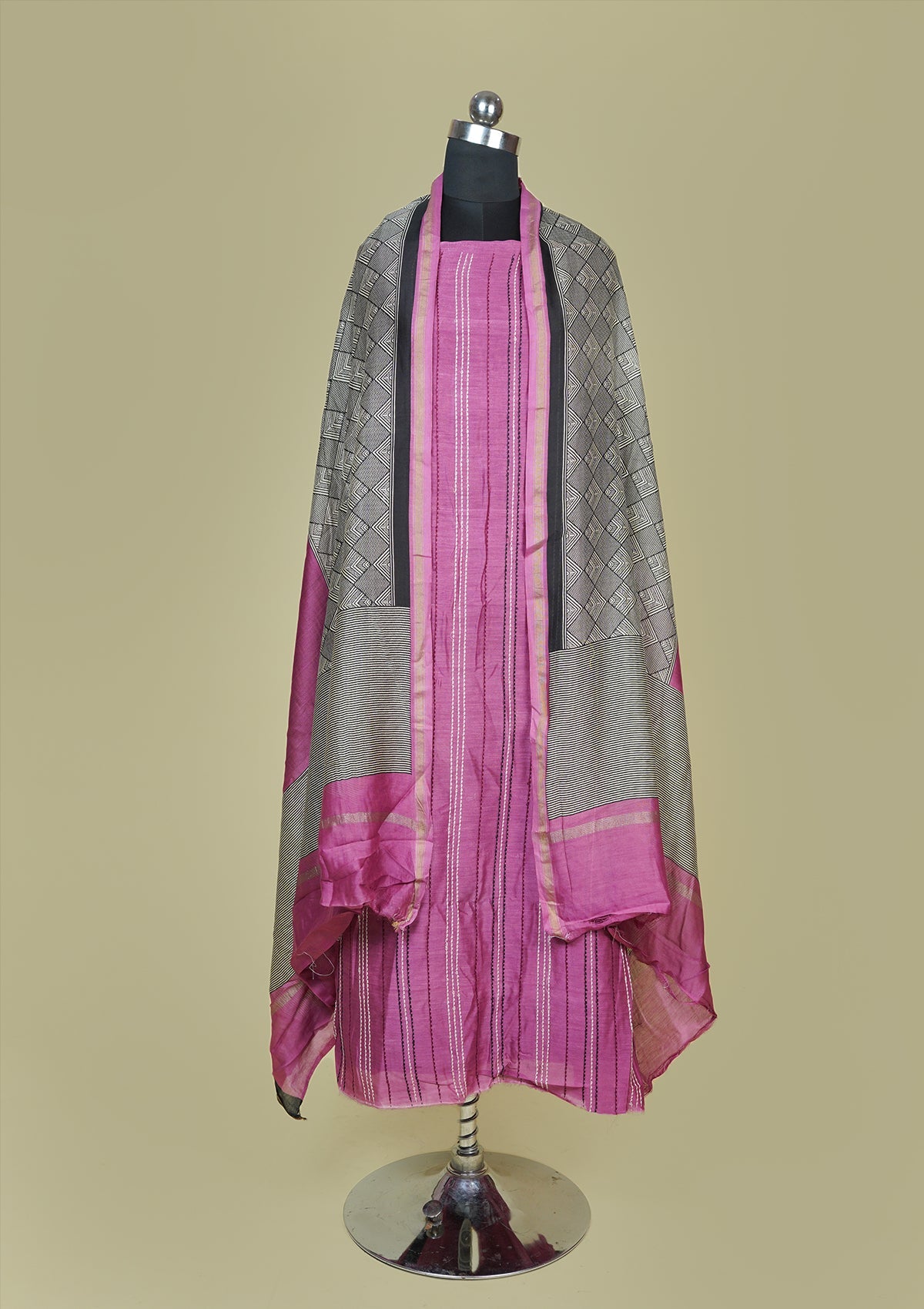 Handwoven Pink&Black Chanderi Silk Suit Piece