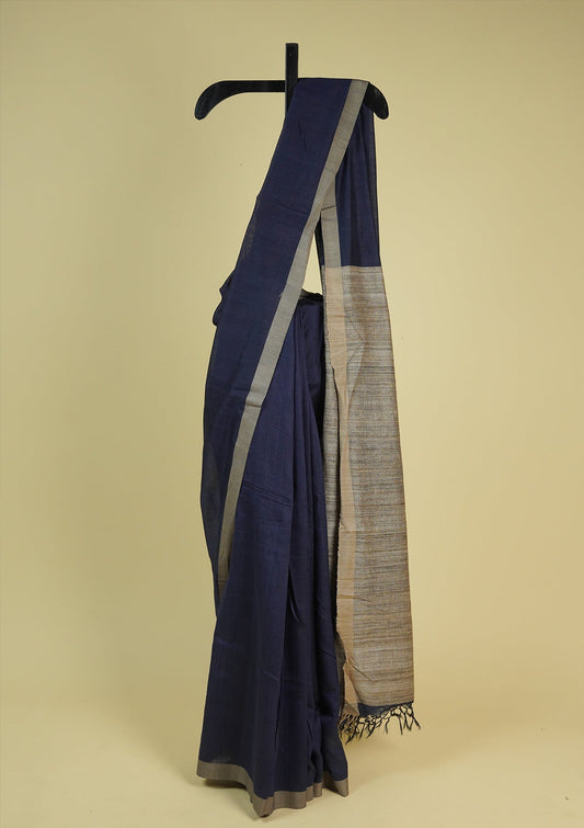 Handwoven Navy Blue Raw Silk Saree