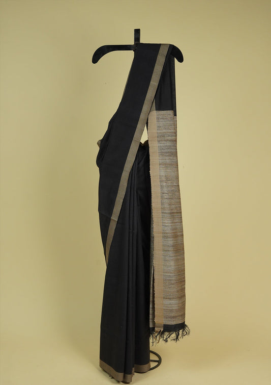 Handwoven Black Raw Silk Saree