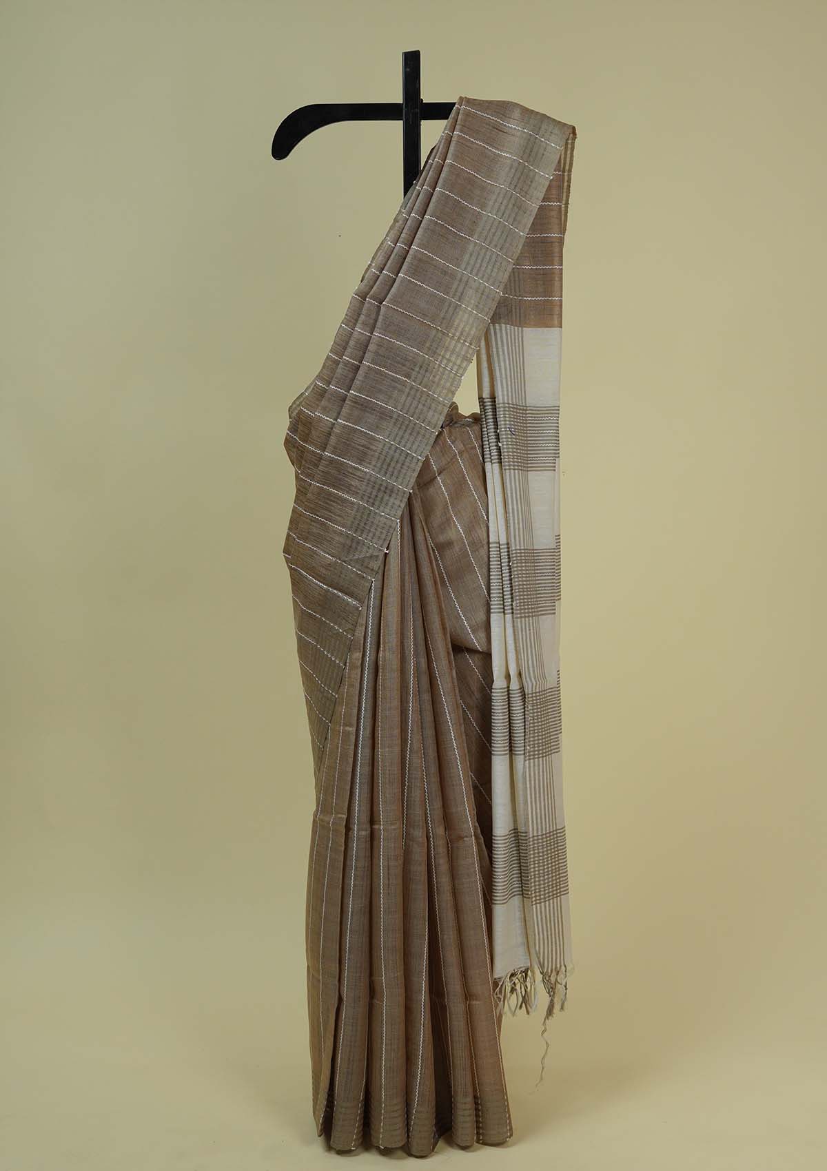 Handwoven Beige Lined Raw Silk Saree