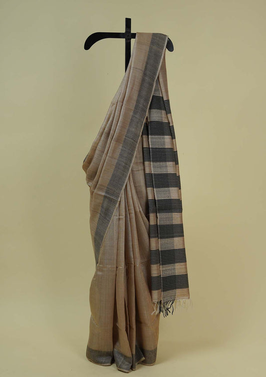 Handwoven Beige and Black Raw Silk Saree