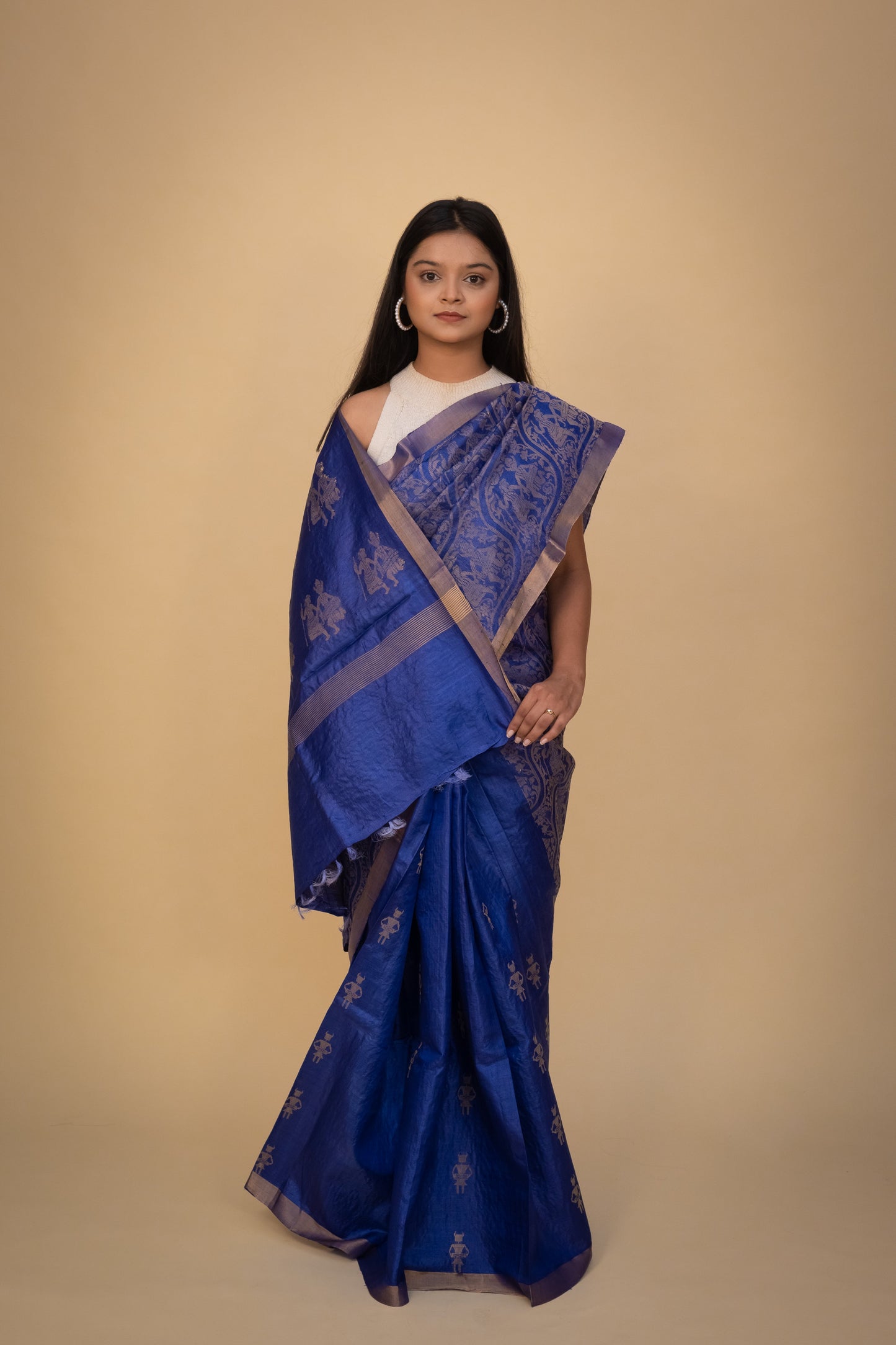 Royal Blue Tussar Silk Saree