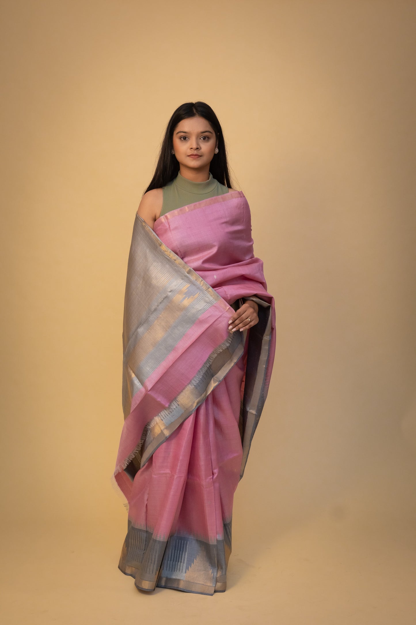 Pink and Grey Silk Saree