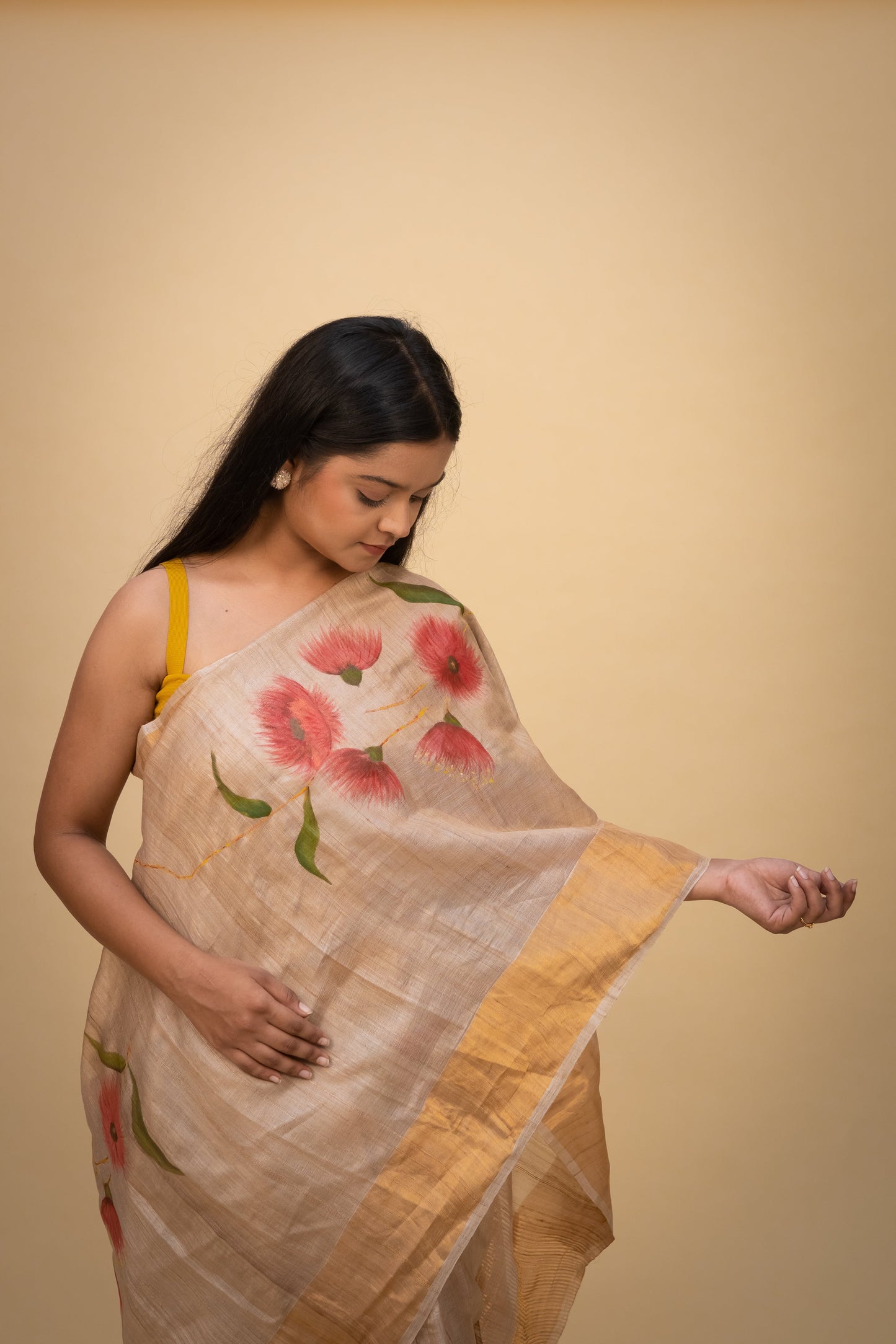 Handpainted Beige Tussar Silk Saree