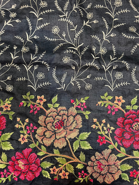 Black Cross Stitch Tussar Silk Fabric