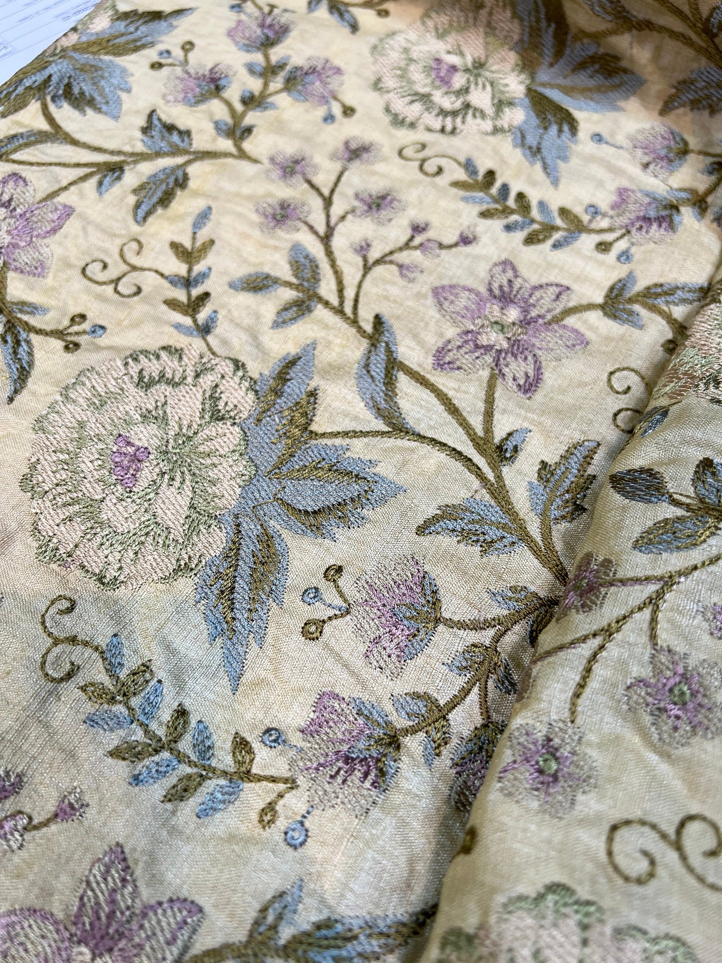 Beige Embroidered Tussar Silk Fabric